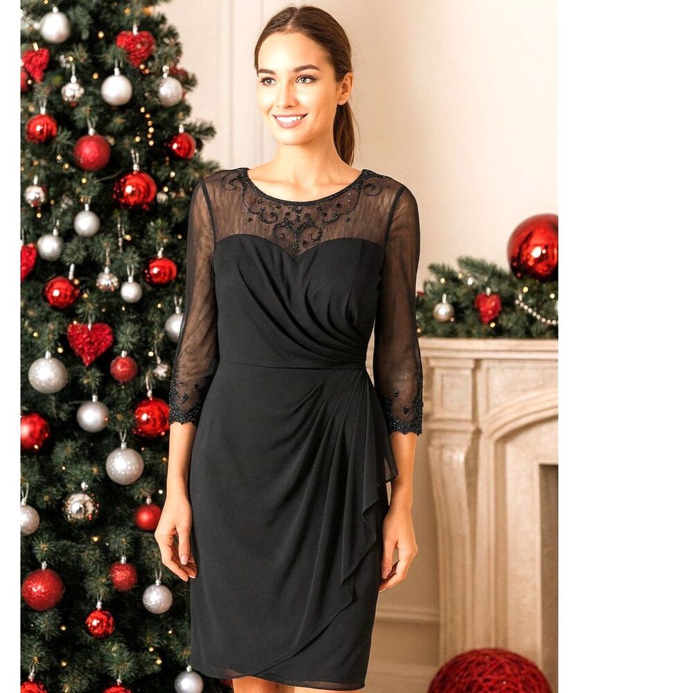 Alex Evenings Beaded Sheer Sleeve Cocktail Dress - Size 6 - NWT